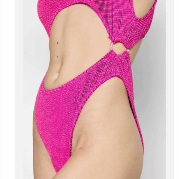 Nwt Good American Always Fits Sculpt Monokini Swimsuit Fuschia Pink Ribbed - Picture 2 of 8